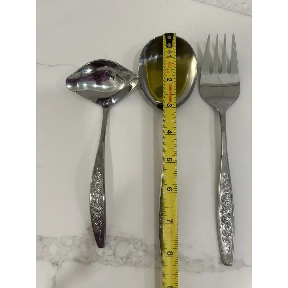 Eldan ELD18 Set of 3 Serving Pieces MAY ROSE Textured Roses Stainless Vtg MCM